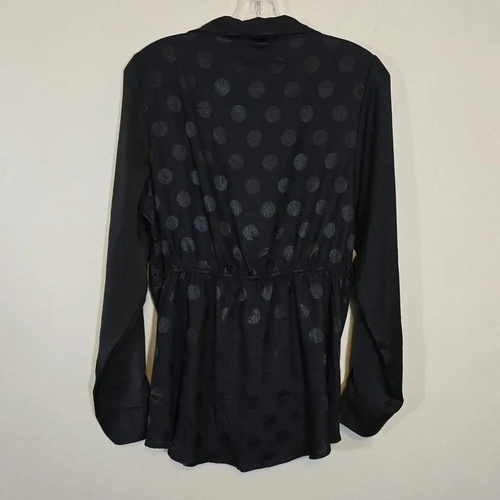Umgee Polka-Dot V-Neck Pullover Blouse Top Black Size Medium New Work Office
